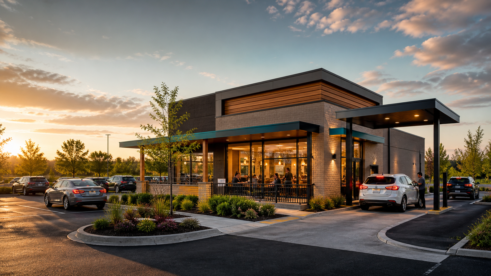 Modern freestanding quick-service restaurant with a drive-thru